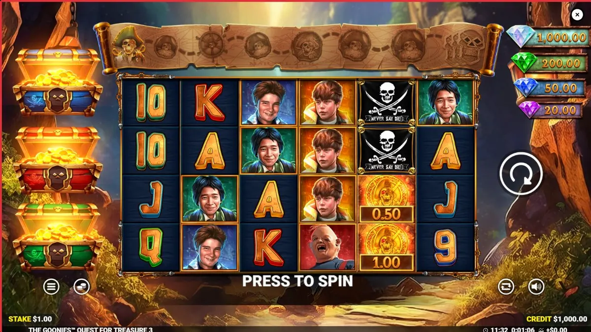 Tampilan visual slot The Goonies Quest for Treasure 3 dengan elemen harta karun klasik