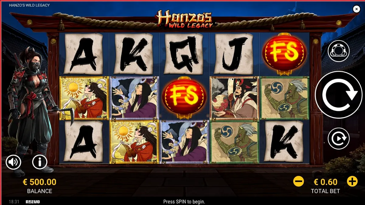 Prajurit ninja wanita dalam latar belakang Jepang feodal di slot Hanzo’s Wild Legacy
